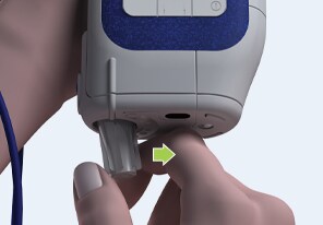 Animated easypod being held with one hand while other hand is pushing an enclosed needle into the right of the device. Right facing arrow indicating direction of needle movement.