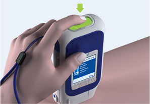 Animated easypod being held against skin with one hand. Index finger pushing the top button with a downward arrow indicating direction of finger movement.