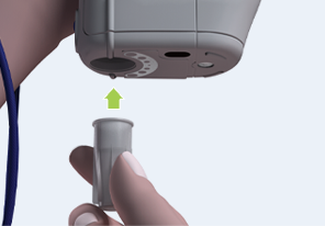 Animated easypod being held with one hand while other hand is inserting an enclosed needle into the bottom of the device. Upward arrow indicating direction of needle movement.